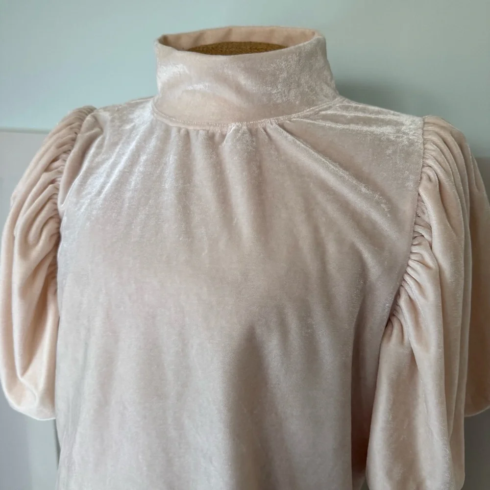Free People Claudia Velvet T-Shirt Women’s Medium Light Pink Cream Puff‎ Sleeve